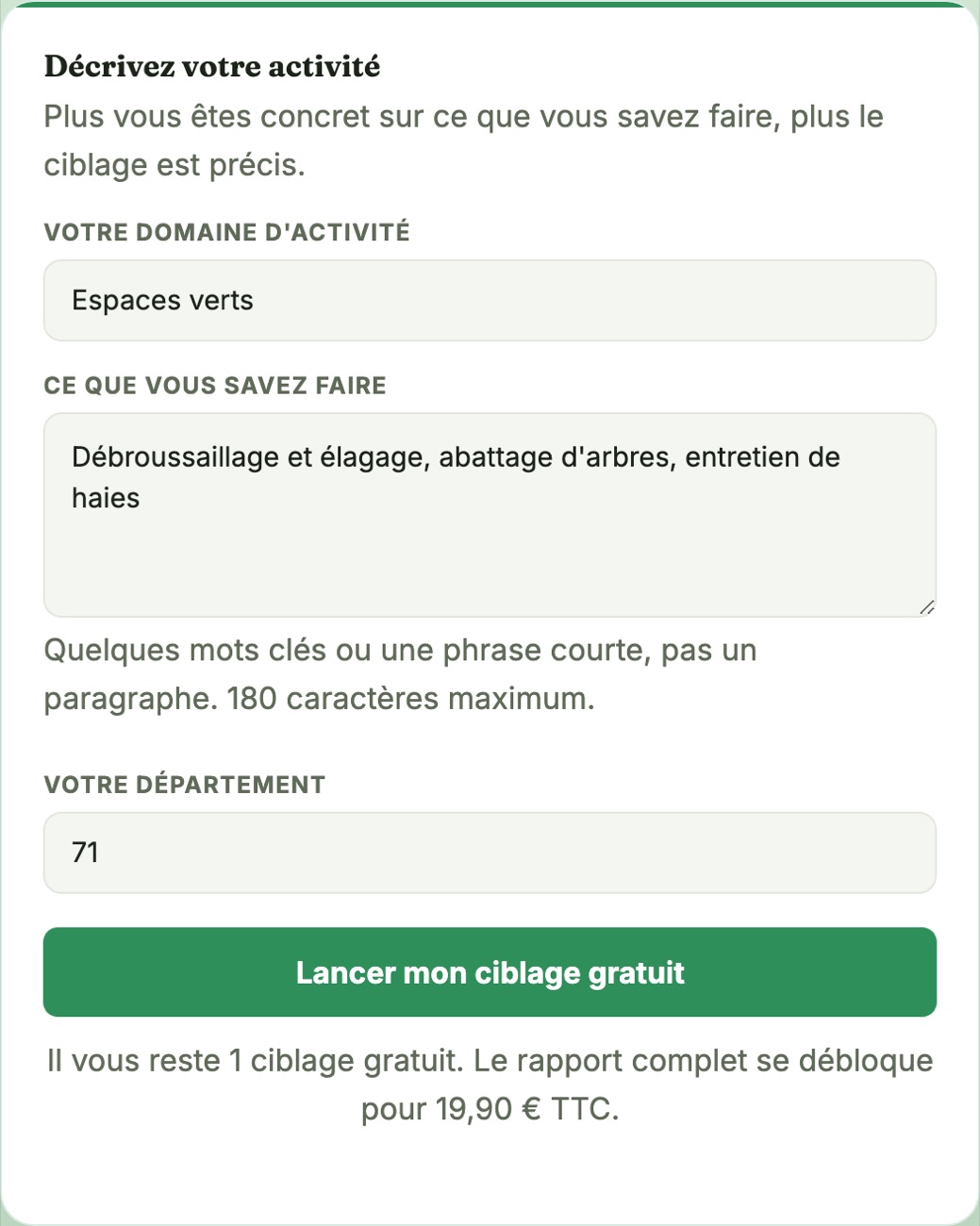 Le formulaire de ciblage et ses trois champs