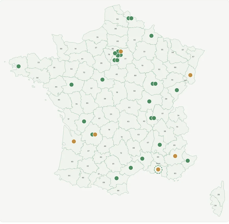 Radar géographique d'un ciblage PILAOT : la carte des départements avec les marchés retenus, en vert les très pertinents, en ambre ceux à examiner, et la position de l'entreprise.